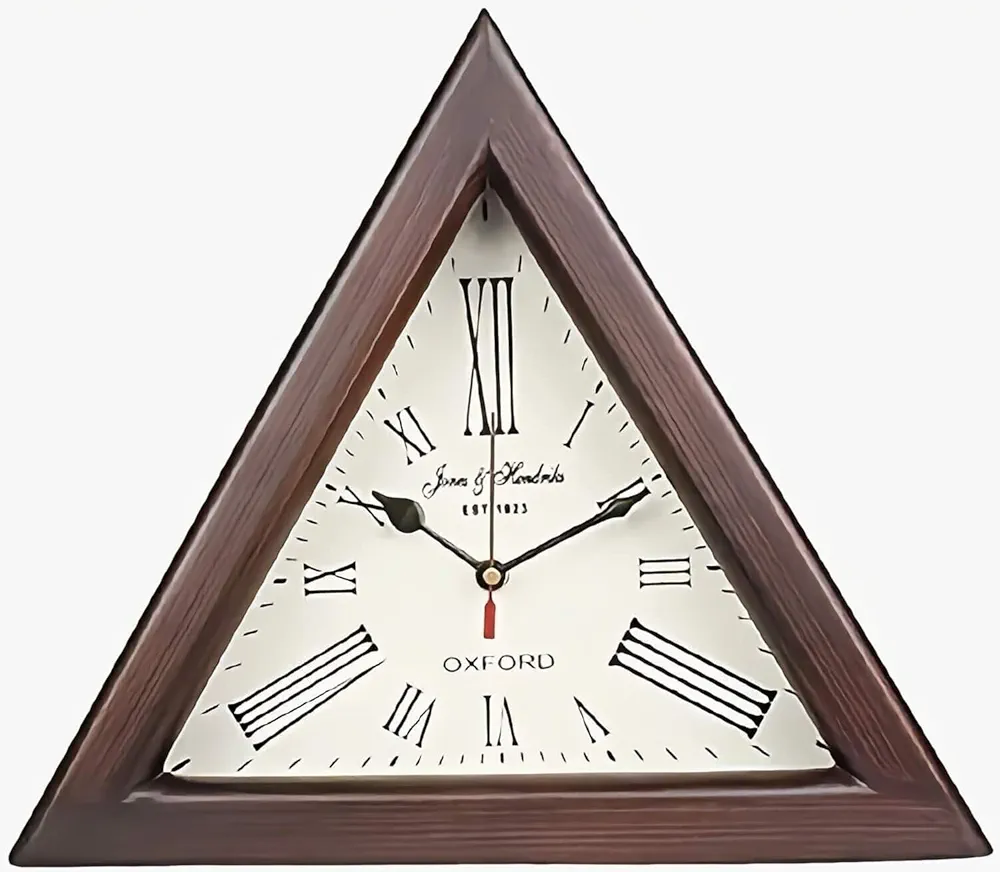 Brown Wooden Triangle Shape Wooden Wall Clock - Vintage Nautical Style Roman Number Silent Wall Clock - Mid Century Modern Battery Operated Mantel Wall Hanging Clock For Living Room, Kitchen, Bedroom.