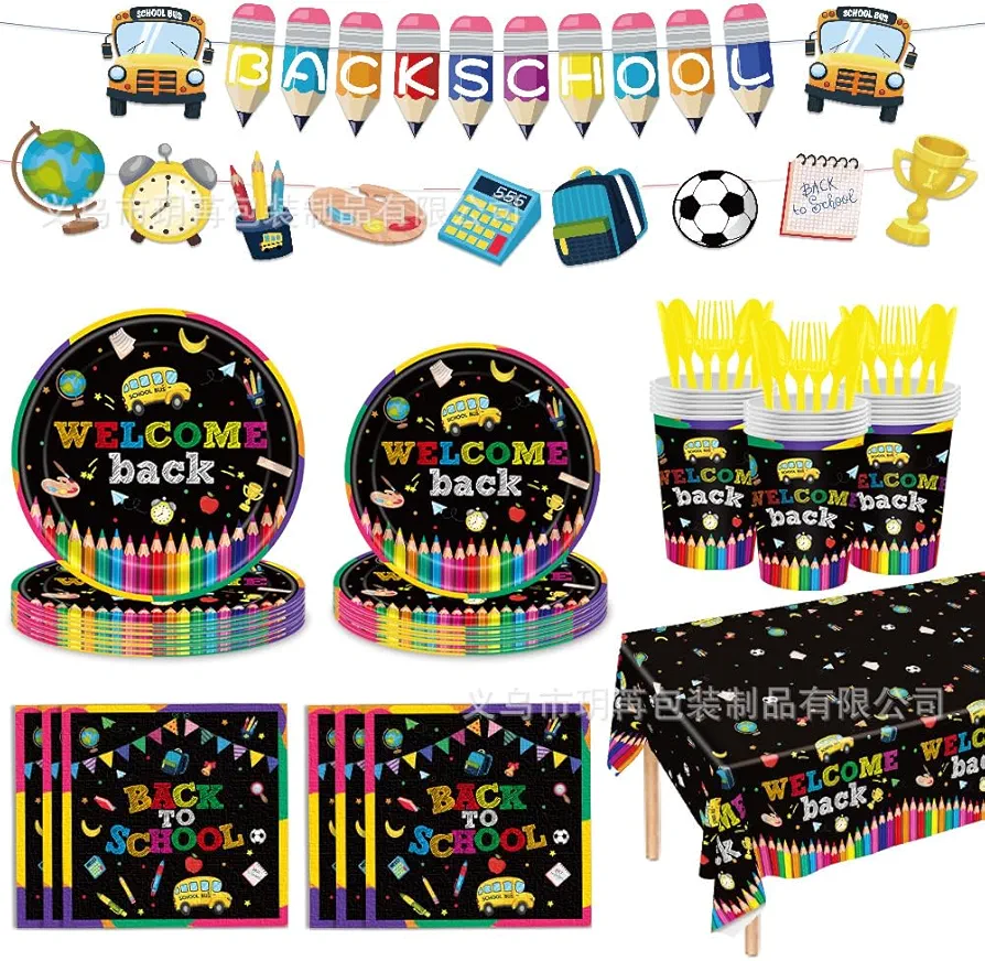 69Pcs Back to School Party Supplies Welcome Back Dining Plate Dessert Plate Napkin Table Cloth Tableware Pencil School Bus Homecoming Classroom Decoration (black)