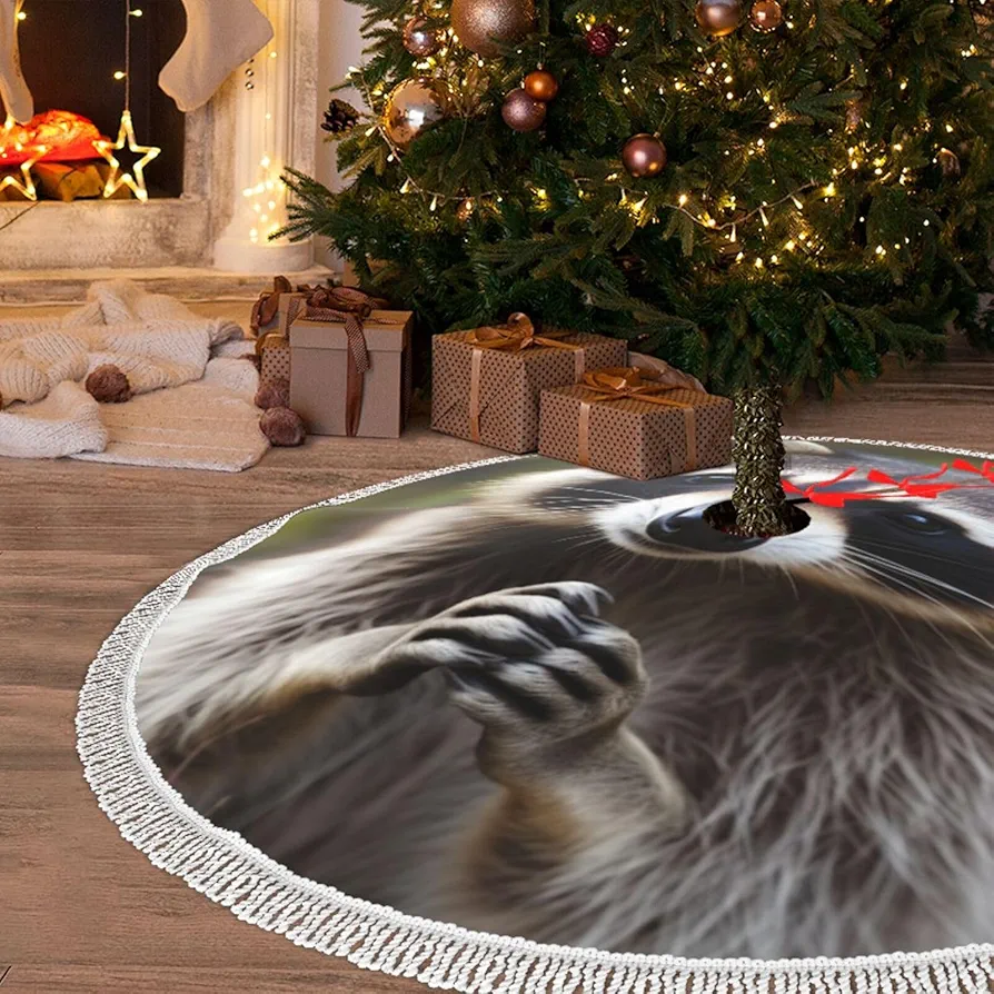 Christmas Tree Skirt with Tassel Cute Raccoon 30" Xmas Tree Skirts Tassel Tree Mat Ornament for Home Indoor Outdoor Room Holiday Decoration