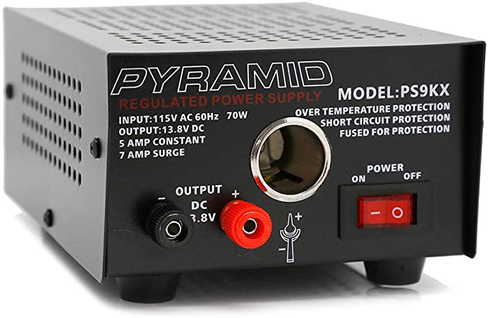 Pyramid PS9KX Universal Compact Bench Power Supply-5 Amp Linear Regulated Home Lab Benchtop Converter w/ 13.8 Volt DC 115V AC 70 Watt Input, Screw Type Terminal, 12V Car Cigarette Lighter