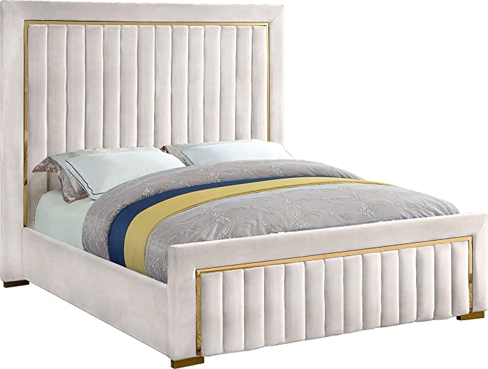 Meridian Furniture Dolce Collection Modern | Contemporary Velvet Upholstered Bed with Luxurious Channel Tufting and Gold Metal Trim/Legs, Queen, Cream