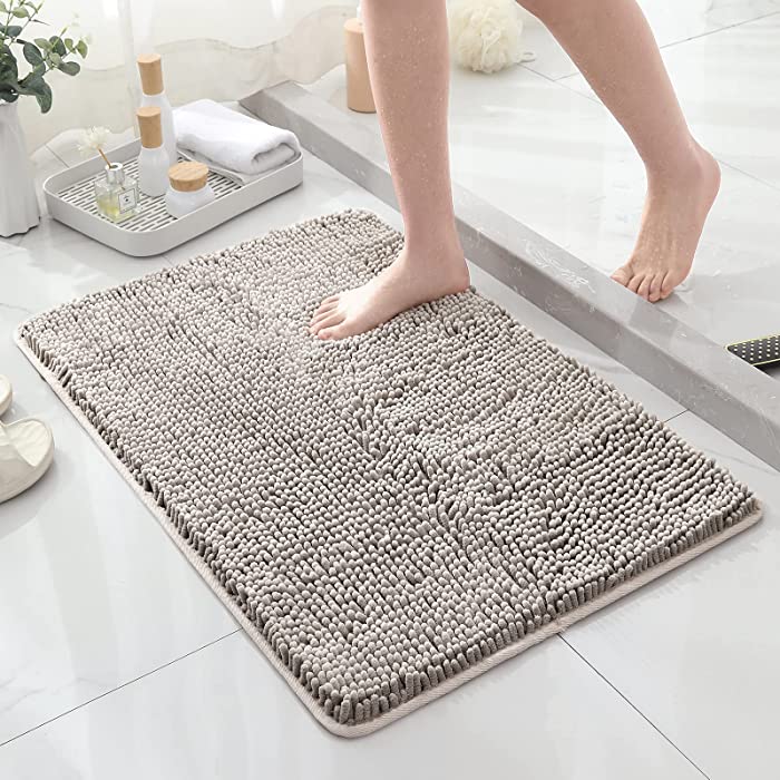 BlissJolly Non Slip Bathroom Rug - Quick-Drying Chenille Shower Mats for Bathroom, Toilet, Bath Tub - Soft Absorbent Bath Mat & Floor Rugs for Shower, Kitchen - Machine-Washable - 17×24, Beige