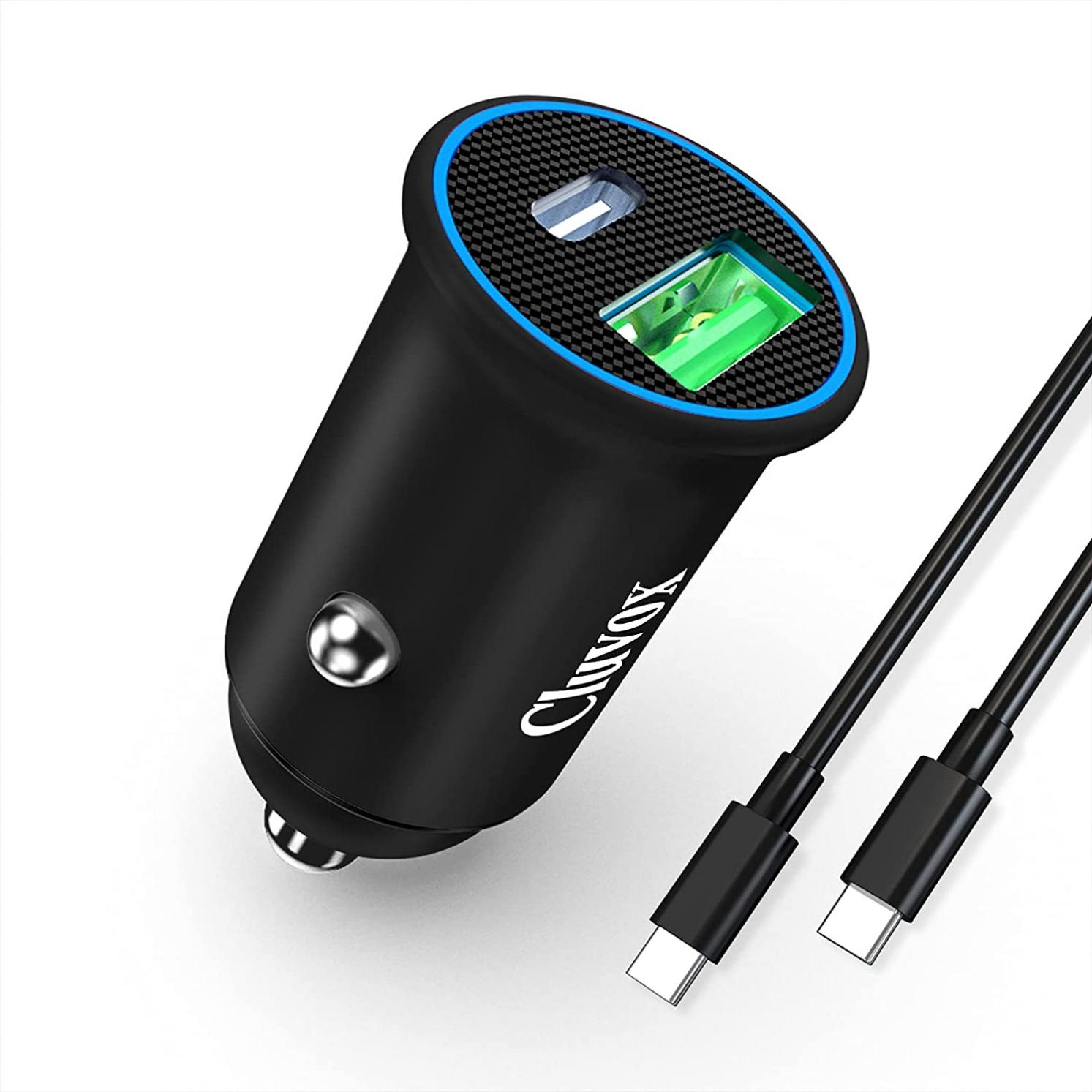 Cluvox USB C Fast Car Charger, 25W PD&QC 3.0 Dual Port Compatible for Samsung Galaxy S22 5G/S21/S20/Plus/Ultra, Note 20/Ultra/Note 10/Plus, Mini All Metal Flush Fit Car Adapter with 3.3ft Type C Cord