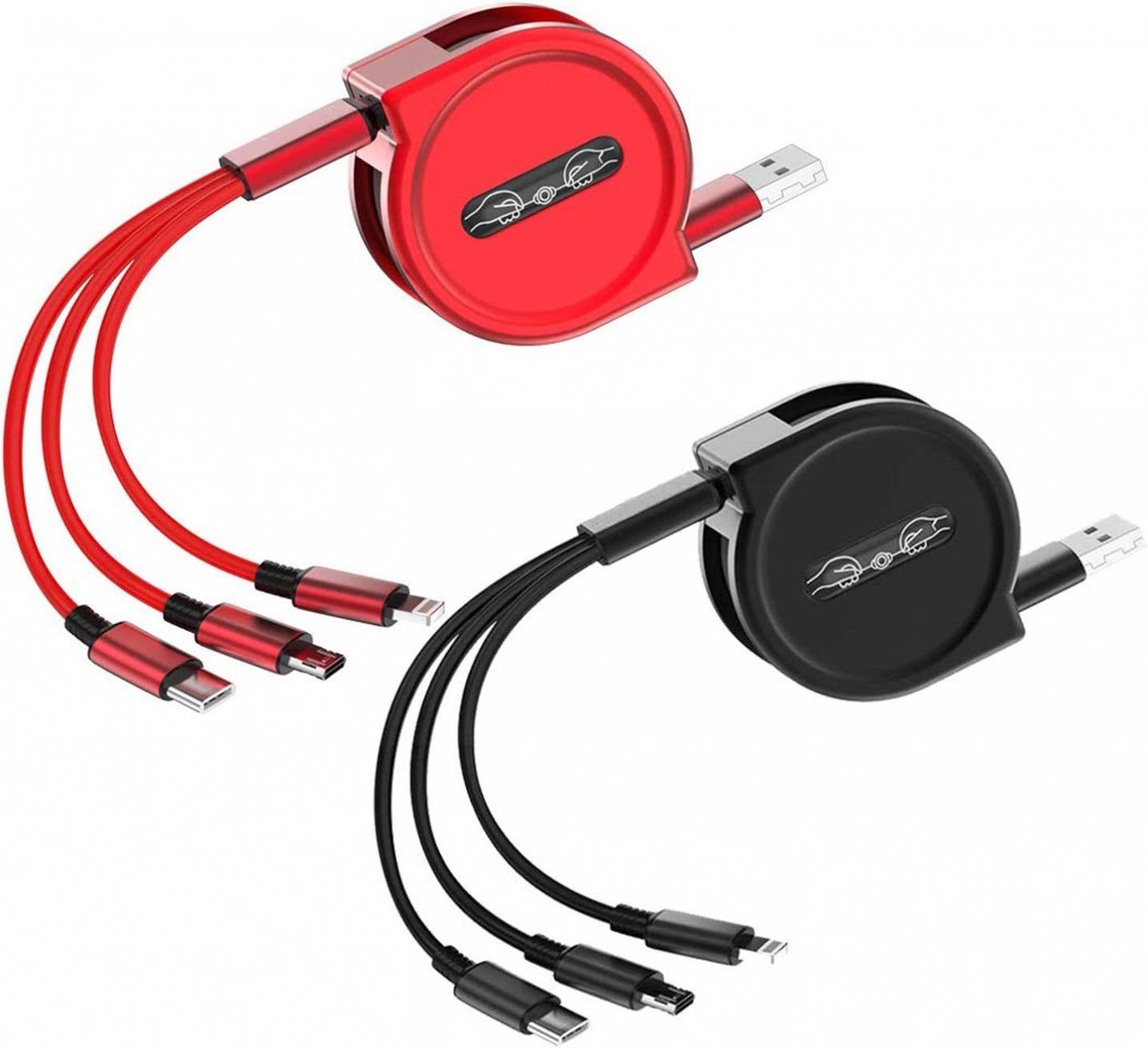 Retractable Multi Fast Charging Cables with Mini Type C Micro USB Port Connectors is 3 in 1 Retractable Charger Cables Compatible with Cell Phones Tablets as Gift (4Ft, 2Pack, Black&Red)