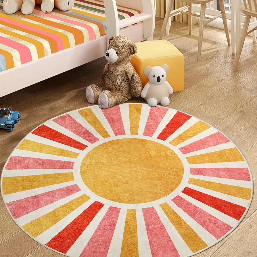 Round Boho Rug 4Ft Washable Circle Accent Rug for Kids,Colorful Sun Rainbow Throw Carpet for Living Room Cute Soft Thin Floor Mat Non-Slip Low Pile Classroom Rug for Nursery Bedroom Playroom