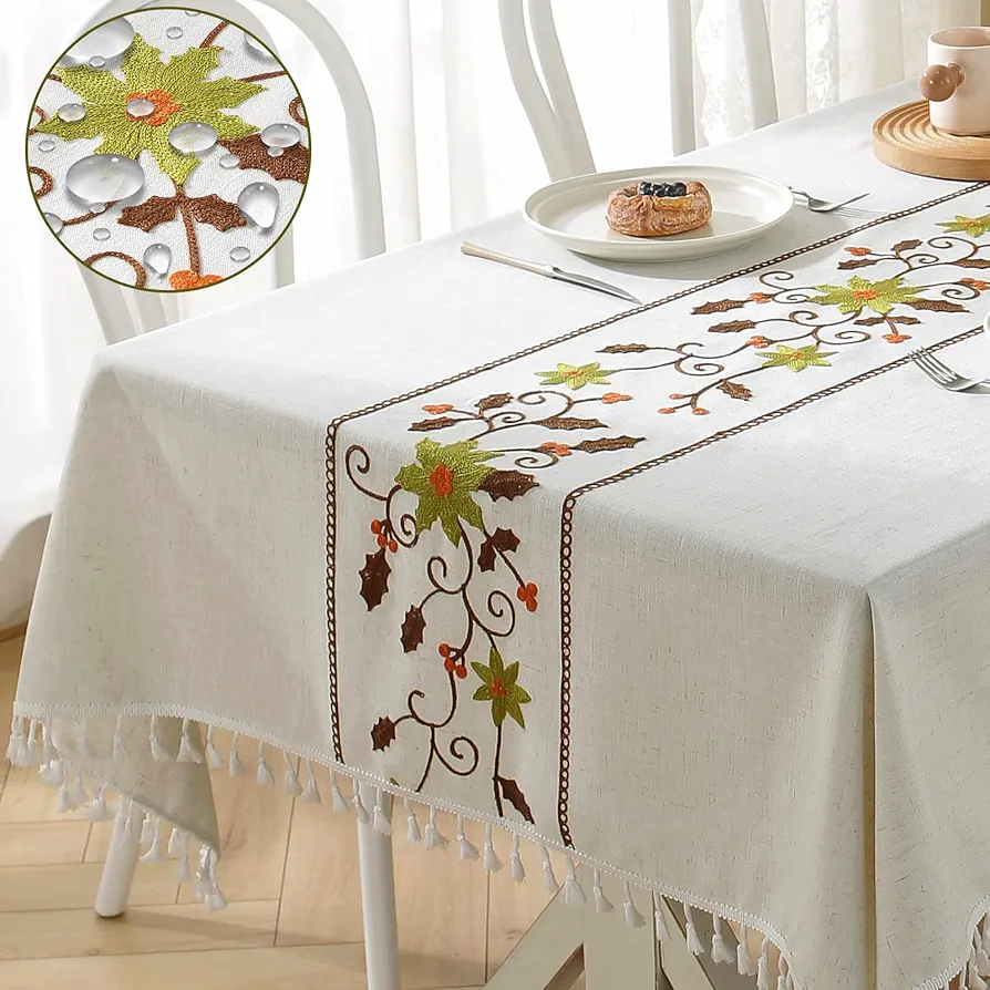 TEWENE Tablecloth, Water Resistant Tablecloth Linen Tablecloth Embroidery Tablecloth Wrinkle Free Rectangle Tablecloth for Dinning Table (Rectangle/Oblong, 55''x120'',10-12 seats, Green Flower)