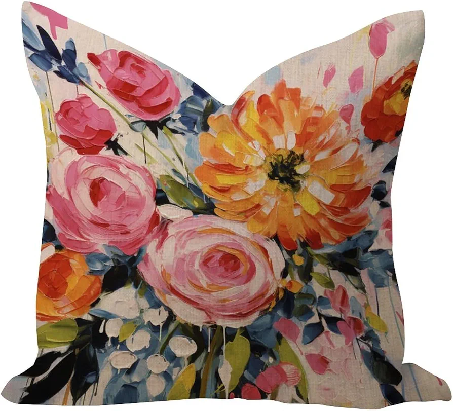 Bright Floral Pink Rose Dorm Decor Colourful Comfortable Pillow Cover Country Outdoor Pillow Cushion Case Teal Green Red Blue Euro Linen Pillowcases for Home Decor Bedroom Outside Living Room 20x20