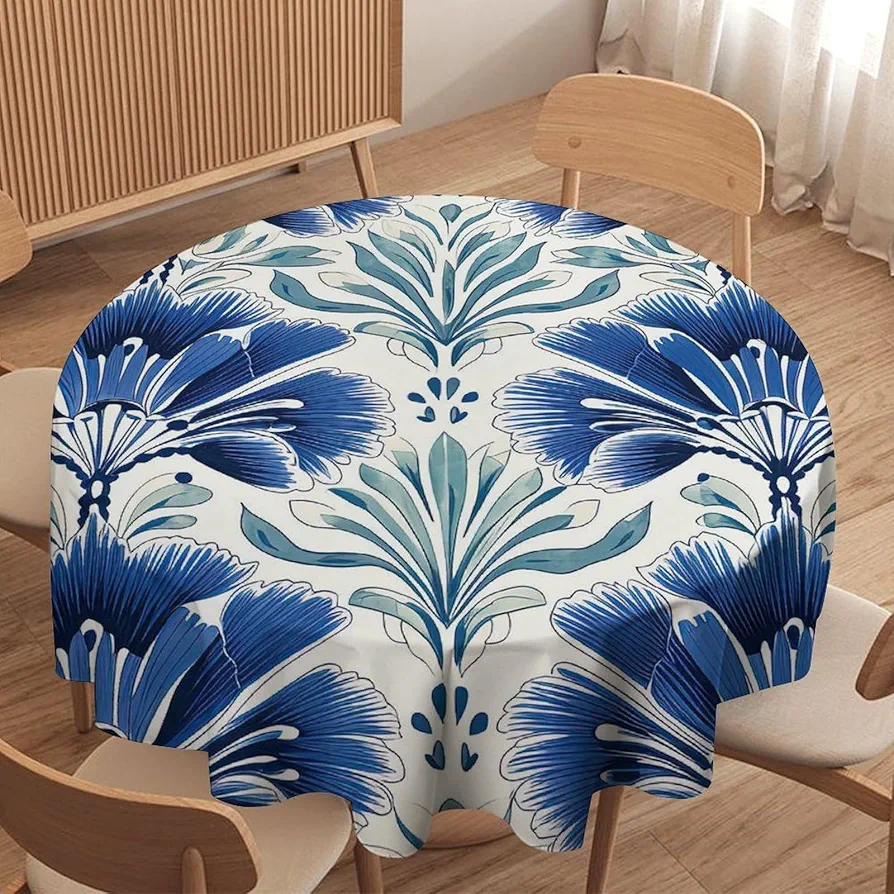 Blue and White Cairo Round Tablecloth 60x60in Chinoiserie Asian Style Table Cloth Round Table Cover for Kitchen Dining Room Buffet Banquet Holiday Party Waterproof Table Decor