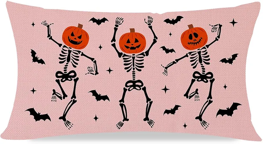 Halloween Dancing Skeleton Throw Pillow Cover 12x20 Inch Jack O Lantern Pumpkin Bat Pink Halloween Decorations Indoor Lumbar Decorative Throw Pillows Cases for Home Living Room Couch Decor