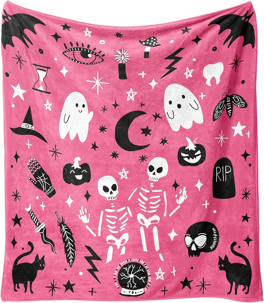 Halloween Blanket,Cute Kawaii Ghost Skeleton Goth Occult Creepy Witch Pumpkin for Women,Halloween Flannel Fleece Throw Blanket for Home Living Room Bed Chair Decor Pink 60"x50"