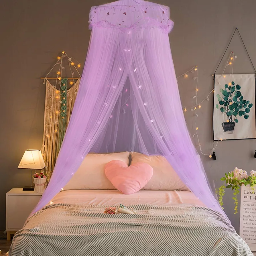 Jeteventy Bed Canopy for Girls, Princess Bed Curtain Net for Single to King Size,Bedroom Decoration of Round Lace Dome with Stainless Steel Hook,Quick Easy Installation (Purple)