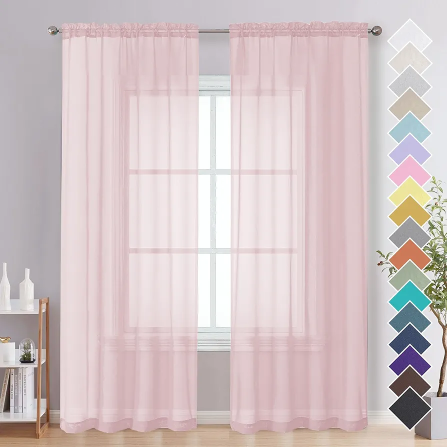 OVZME Blush Pink Sheer Curtains 84 Inches Long 2 Panels - Soft Light Filtering Window Sheer Panels for Living Room/Bedroom, Top Dual Rod Pocket, 1 Pair, Each 42Wx84L Inches