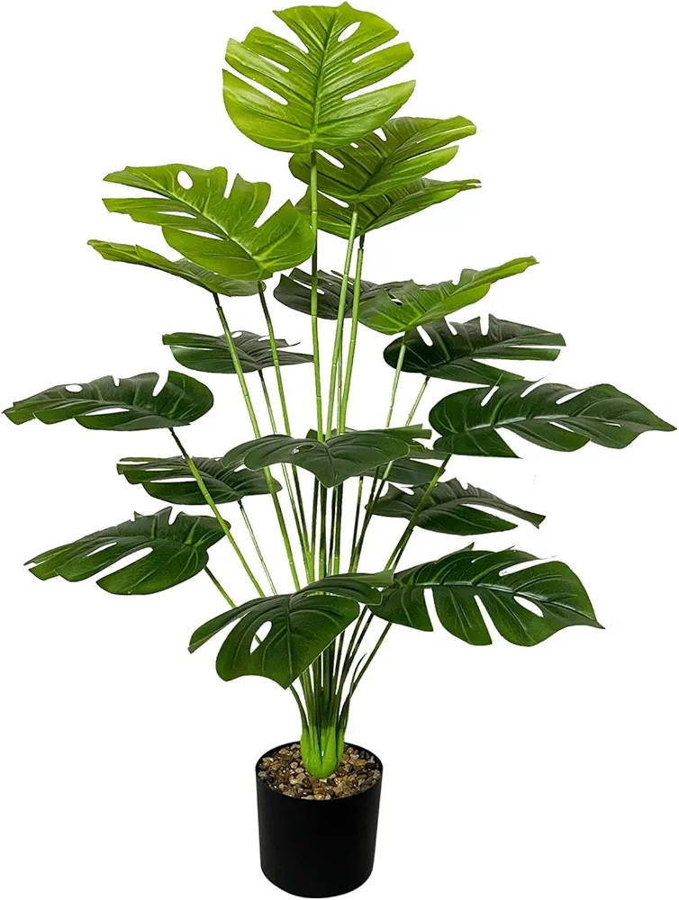 Artificial Palm Tree Faux Silk Plant in Pot for Home Office Living Room Bedroom Stairs Foyer Modern Decor Indoor Outdoor Lifelike Fake Potted Housewarming Gifts (75cm Green Monstera Palm)