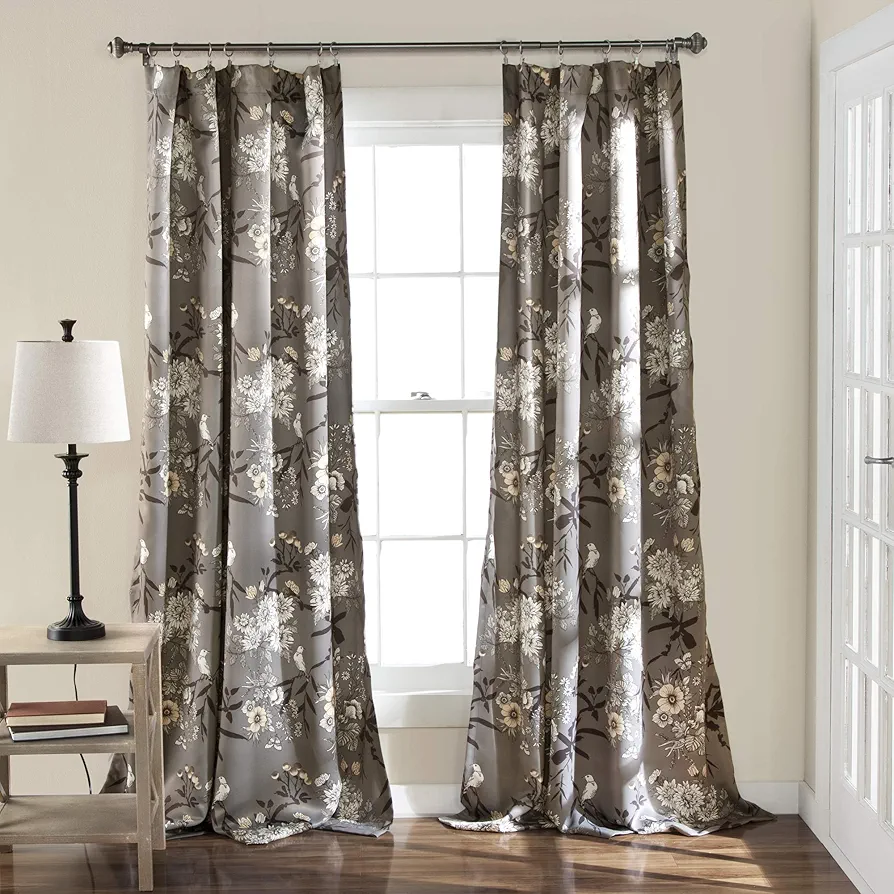 Lush Decor Botanical Garden Curtains Floral Bird Print Light Filtering Window Panel Drapes Set for Living, Dining, Bedroom (Pair), Gray, 52"W x 84L"