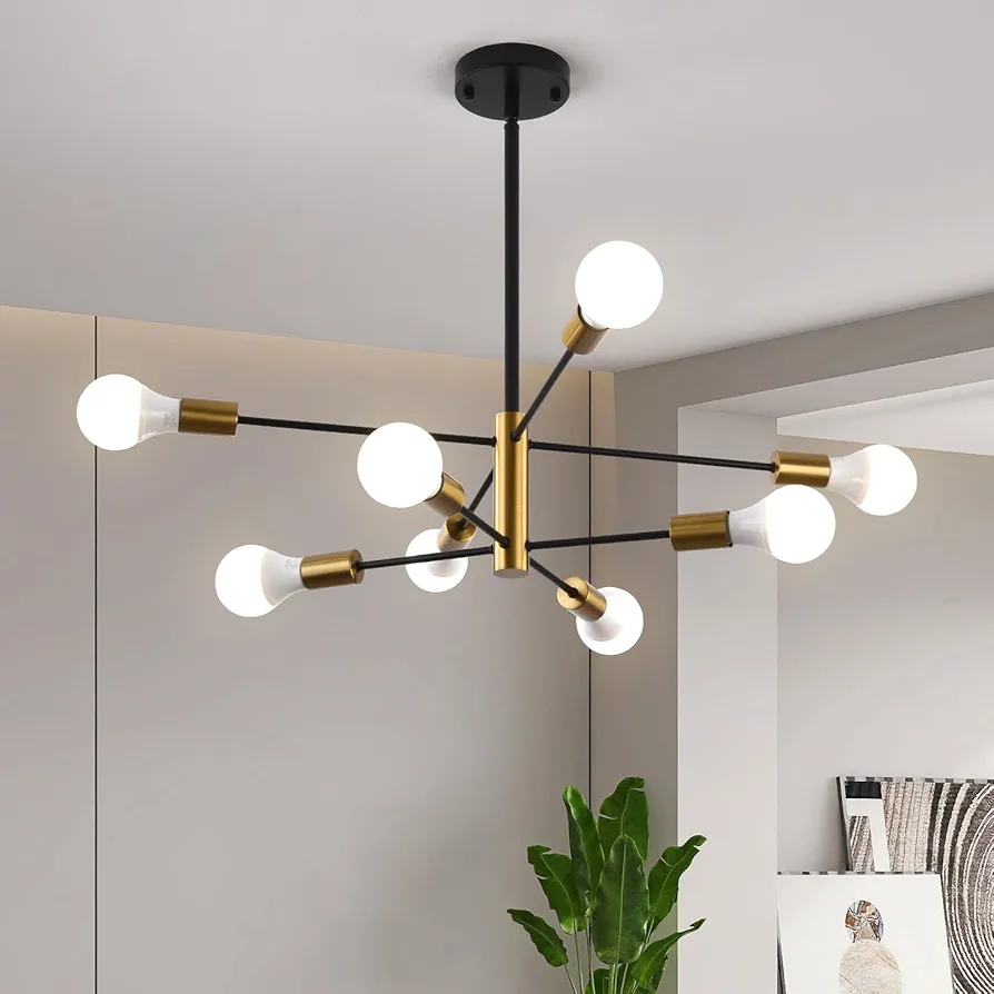 8-Light Modern Sputnik Chandelier,Black and Gold Chandelier Light Fixture,Height Adjustable E26 Base Dining Room Sputnik Light Fixture Pendant Lighting for Bedroom Foyer Living Room Kitchen