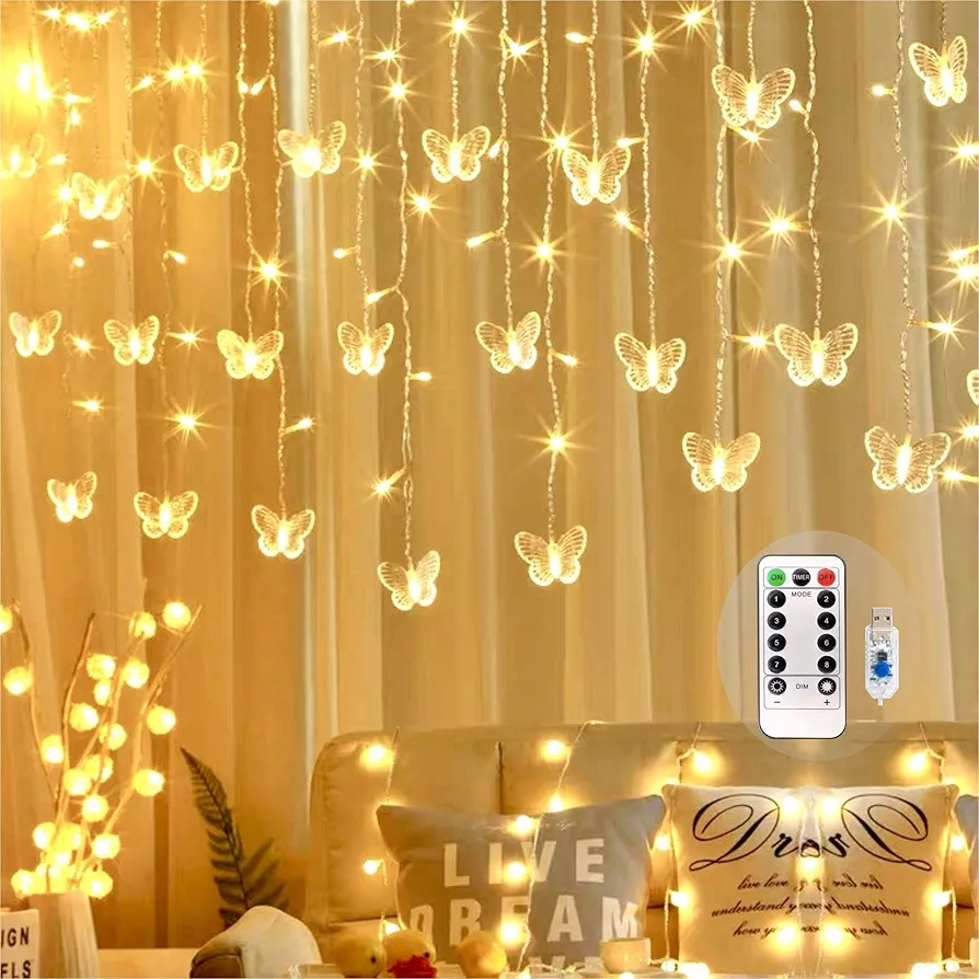 Butterfly Curtain Fairy Lights USB Plug in,8 Modes 120 LED 19.7FT Firefly Twinkle Timer String Lights with Remote, Waterproof Copper Wire for Bedroom Patio Christmas Wedding Party Dorm(Warm White)