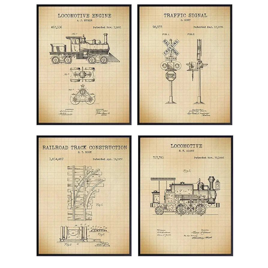 Railroad Patent Art Prints - Vintage Wall Art Poster Set - Chic Rustic Home Decor for Living Room, Bedroom, Kitchen, Man Cave, Office, Kids, Boys, Game Room - Gift for Train and Locomotive Fans - 8x10