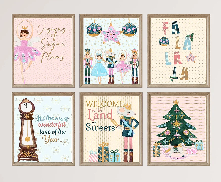 Silly Goose Gifts Visions of Sugar Plums - Nutcracker Themed Christmas Holiday Room Wall Art Prints (Set of 6) Land of Sweets Character Ballet Picture Decor