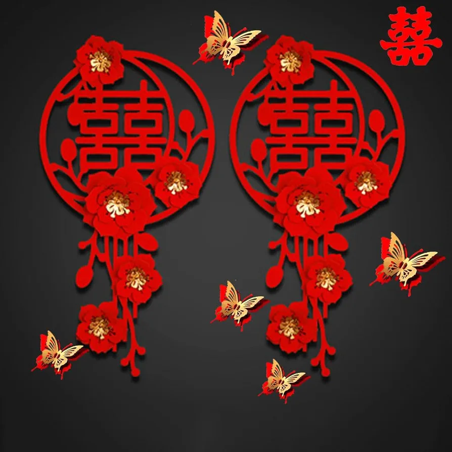 Chinese Traditional Wedding Decorations, Flannel Paper-cut Double Happiness Decorations 3D Three-dimensional Happy New Layout Bridal Room Decorations 2, Free about 50 Double Happiness Stickers