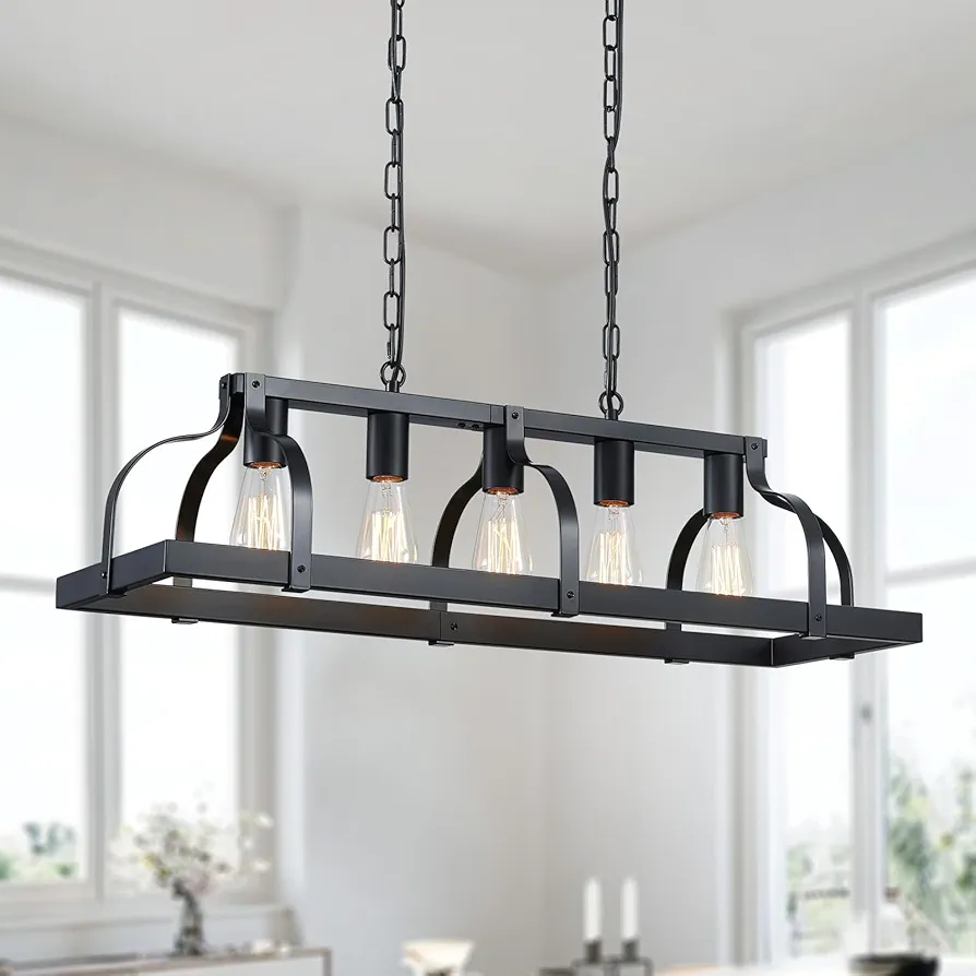 WUZUPS 5-Light Metal Chandelier Linear Pendant Ceiling Lighting Rustic Farmhouse Fixture Kitchen Island Dining Room, H 8.5" L 31.5" W10, E26 Base, Black