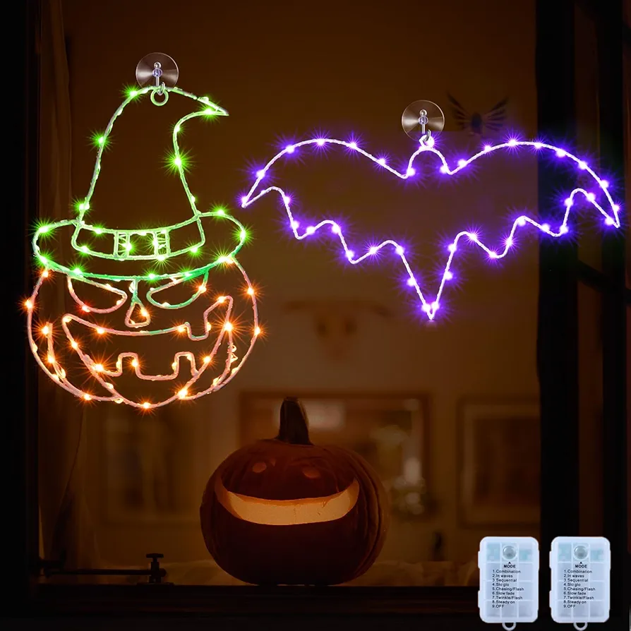 Halloween Decorations, Large 2 Packs Include Pumpkin with Witch's Hat & Bat Halloween Window Lights,Battery Operated Indoor Window Hanging Lights for Night Window Decor