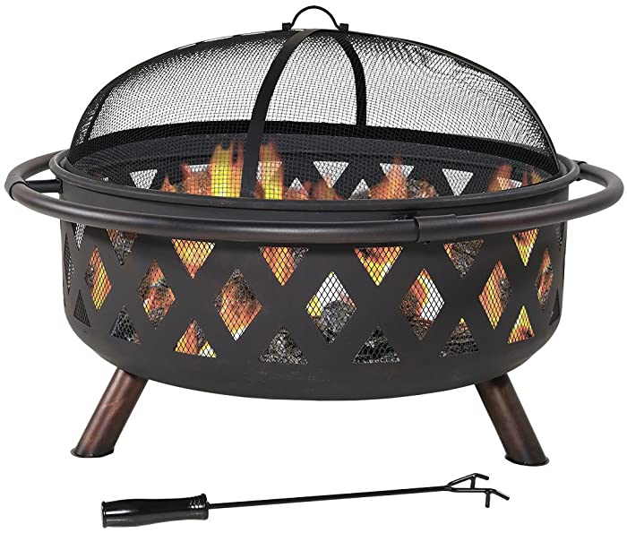 Sunnydaze Black Crossweave Large Outdoor Fire Pit - 36-Inch Heavy-Duty Wood-Burning Fire Pit with Spark Screen for Patio & Backyard Bonfires - Includes Poker & Round Fire Pit Cover