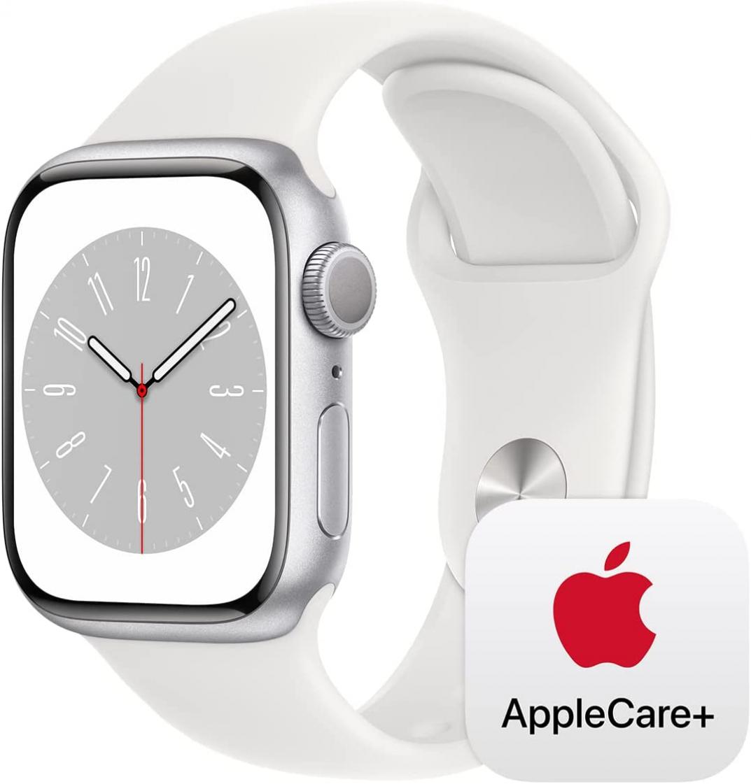 Apple Watch Series 8 [GPS 41mm] Smart Watch w/ Silver Aluminum Case with White Sport Band - S/M with AppleCare+ (2 Years)