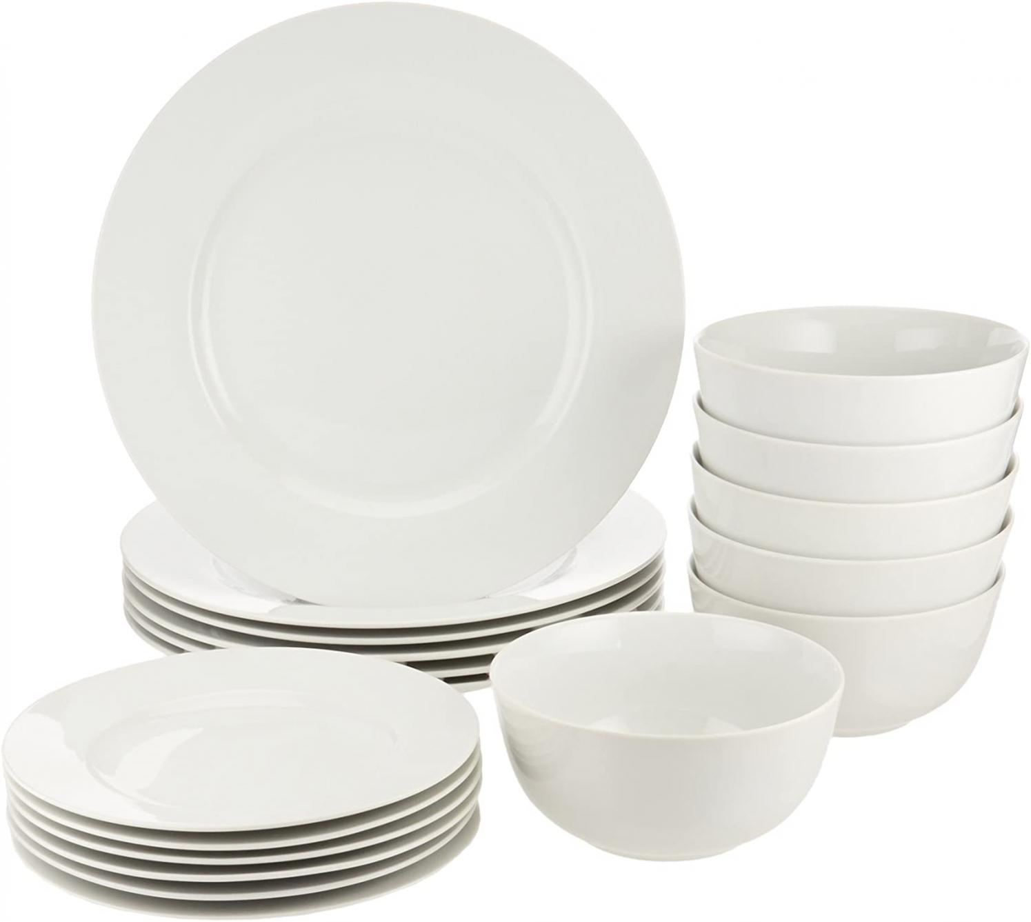 Amazon Basics 18-Piece Kitchen Dinnerware Set, Plates, Dishes, Bowls, Service for 6 - White