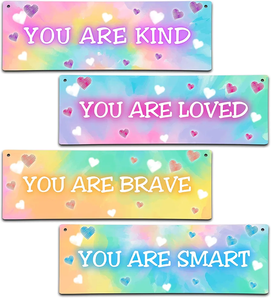 ISOVF 4 Pieces Tie Dye Decor Kids Room Wall Decor Wooden Sign - Motivational Wall Art For Kids Room Nursery Playroom Classroom - You Are Loved You Are Brave You Are Kind You Are Smart(Sign-04)