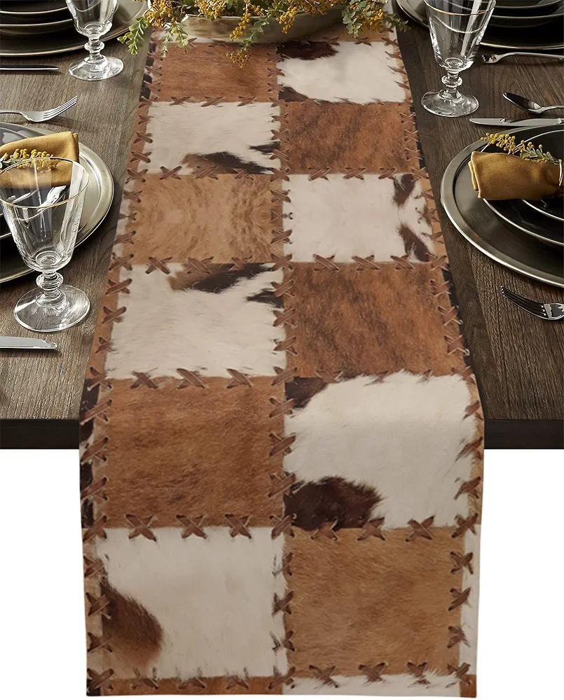 Western Style Cowhide Leather Animal Hair Vintage Splicing Grid Table Runner Dresser Scarves, 13x36In Non-Slip Table Dress Scarf Wildlife Kitchen Dinner Tables Decor for Dining Room/Banquet/Party