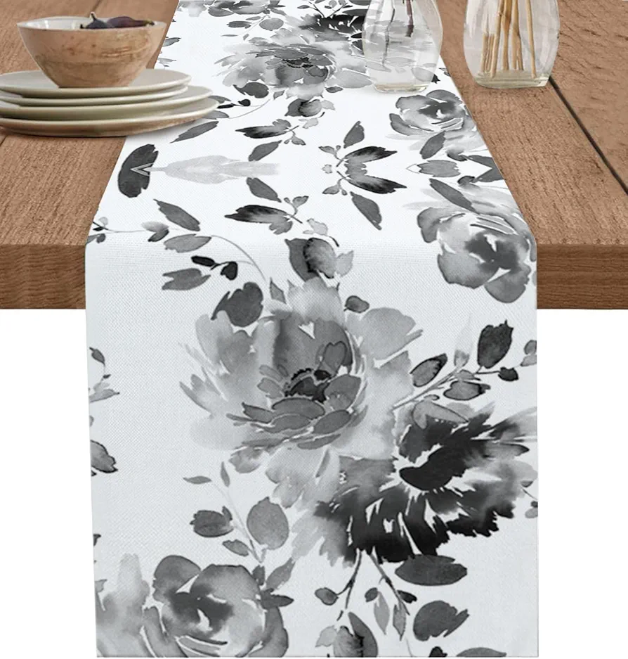 Watercolor Ink Flowers Table Runner Dresser Scarves,13x60In Non-Slip Table Dress Scarf Abstract Color Gradient Floral Kitchen Dinner Tables Decor for Dining Room/Banquet/Party Black White Grey