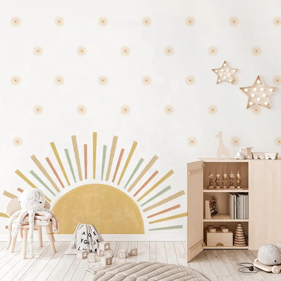 Peel and Stick Boho Half Sun and Starburst Wall Sticker Art Nursery Wall Decals DIY Removable Vinyl for Kids Girls Boys Bedroom Dorm playroom Living Room Classroom