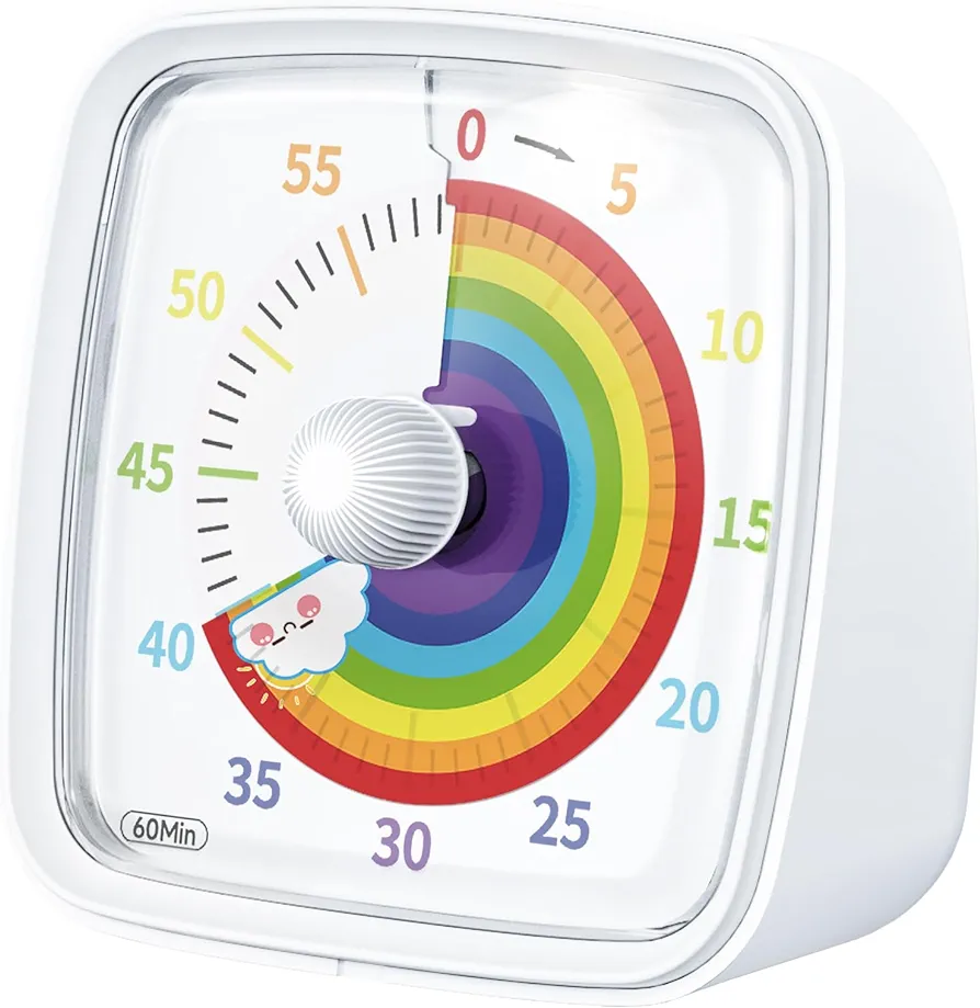 60-Minute Visual Timer with Night Light, Countdown Timer for Classroom Home Kitchen Office, Pomodoro Timer with Rainbow Pattern for Kids and Adults (White)