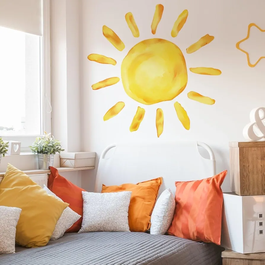 23.23x22.44 Inches Watercolor Boho Sun Wall Decals Yellow Sun Wall Stickers Removable Sun Wall Decals Sunshine Wall Art Decor for Baby Nursery Classroom Playroom Bedroom Kindergarten Wall Decor