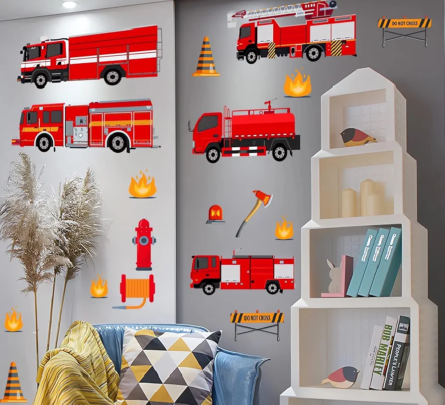 Red Fire Trucks Wall Decals Transportation Vehicle Wall Stickers for Boys Bedroom Kids Room Playroom Decor