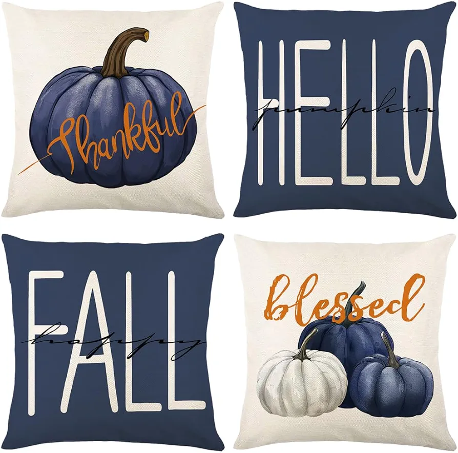 Blue Pumpkin Throw Pillow 18x18 Inch Hello Fall Thankful Blessed Outdoor Decorative Pillow Cover Autumn Thanksgiving Halloween Home Decor for Sofa Living Room Couch Bed