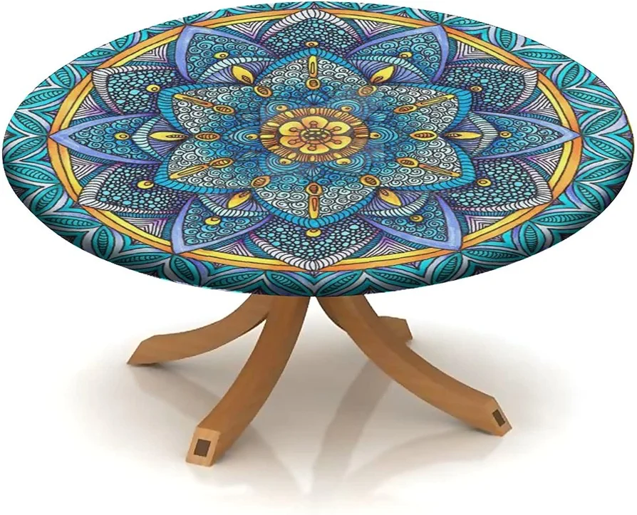 Mandalas Round Fitted Tablecloths, Mandalas Flower Elastic Edge Polyester Decorate Table Clothes, Fits 32" Round Table, Dust & Oil Proof Washable Table Cover For Kitchen Living Room Use Table Cloth