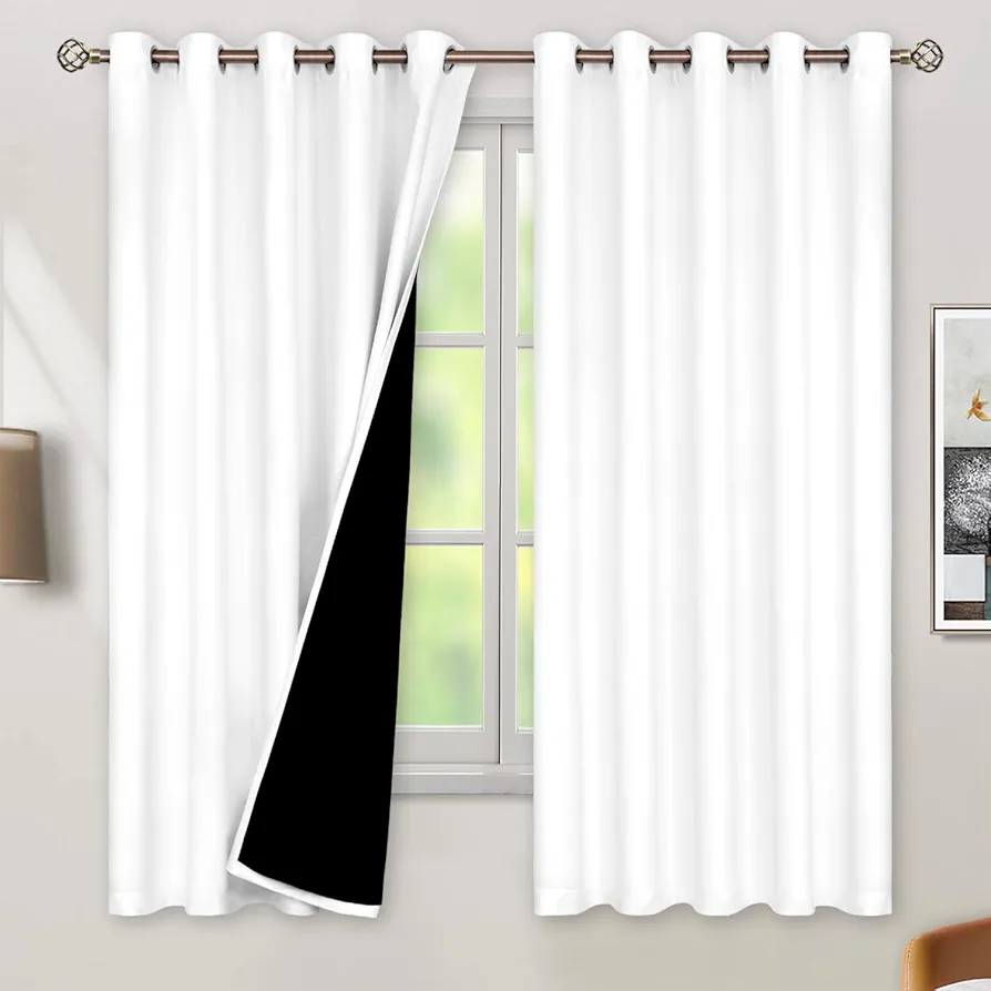 BGment Thermal Insulated 100% Blackout Curtains for Bedroom with Black Liner, Double Layer Full Room Darkening Noise Reducing Grommet Curtain (60 x 63 Inch, White, 2 Panels)