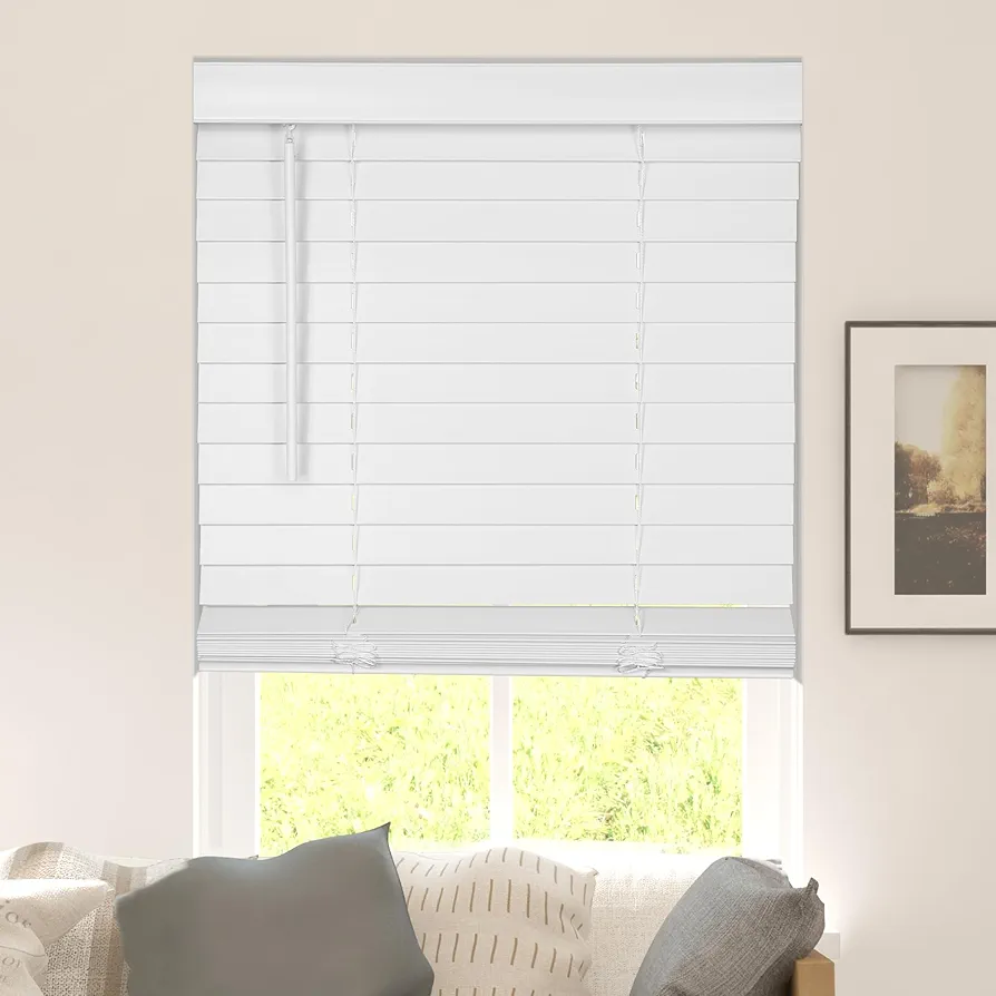 CALYX INTERIORS Faux Wood Blinds with Classic Valance, Cordless, 2" Slat, 35" W x 60" H, Room Darkening Shade for Windows and Doors, Pure White