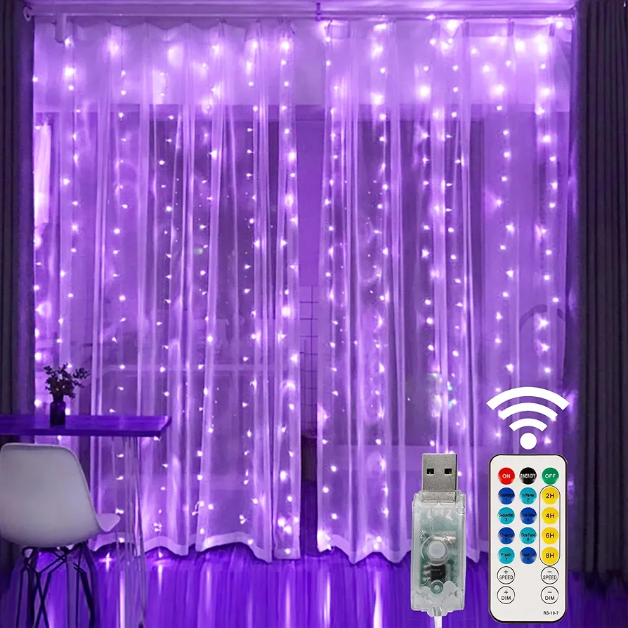 HOME LIGHTING Window Curtain String Lights, 300 LED 8 Lighting Modes Fairy Copper Light with Remote, USB Powered for Halloween Christmas Bedroom Party Wedding Home Garden Wall Decorations, Purple