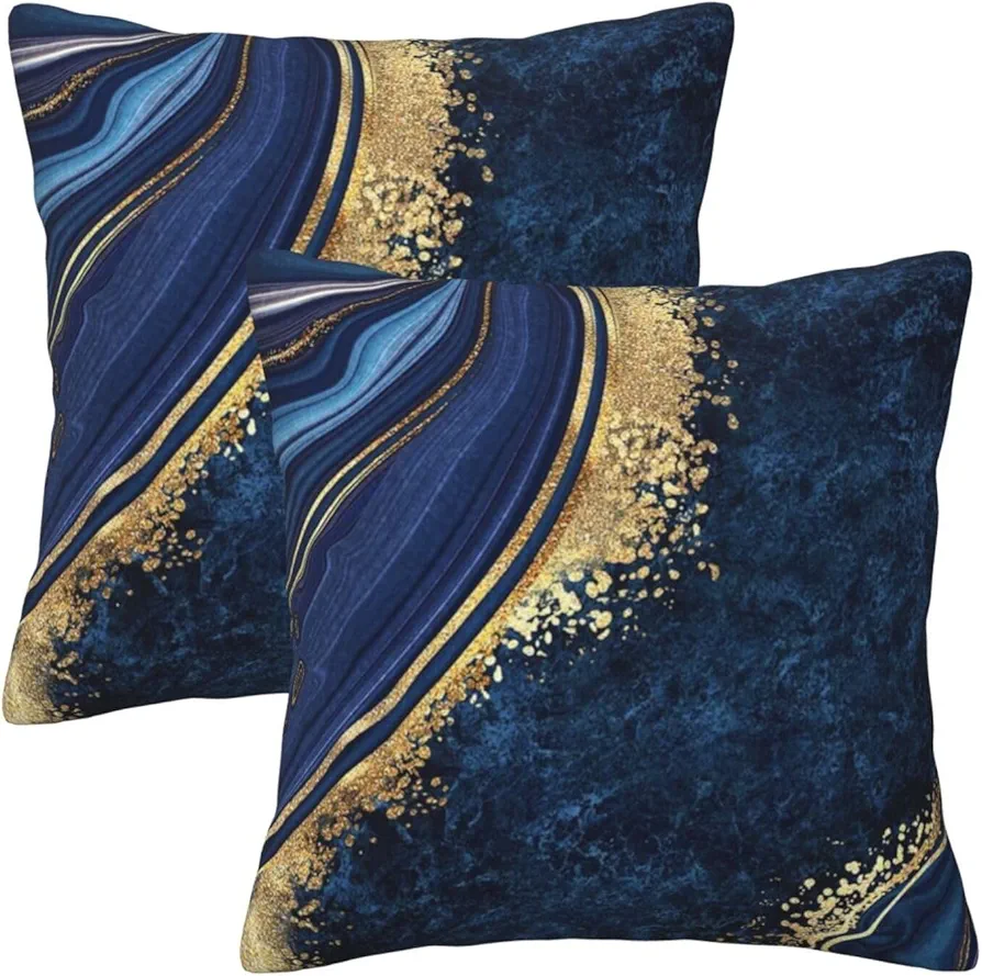 Navy Blue and Gold Marble Throw Pillow Cover 18x18 in Cushion Modern Farmhouse Pillow Covers Soft Pillow Cases Decor for Couch Sofa Living Room Bedroom Outdoor Home Set of 2