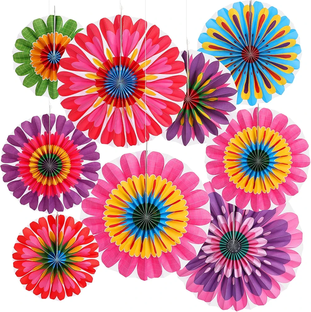 9 PCS Flower Hanging Decorations Paper Fans Spring Classroom Decorations Paper Fans Colorful Flowers Ceiling Wall Decor for Floral Spring Birthday Party Decorations Supplies