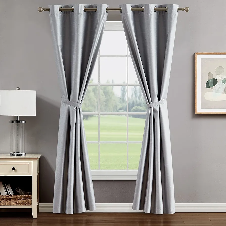 Creative Home Ideas Faux Silk Blackout Curtains - Grommet Window Curtain Panel - 2 Tie Backs - Brea Window Curtains - Bedroom, Living Room Privacy, Noise Cancelling - 38x84 inch, Light Gray