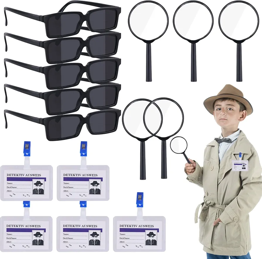 15pcs Detective Games Toys for Kids, Detective Kit Tag Magnifying Glass Secret Agent ID Card Holder Detective Gadget Detective Glasses for Escape Room Detective Party Favors