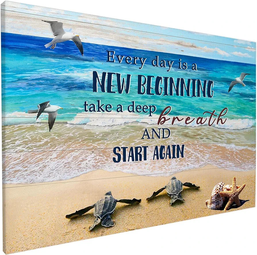 Bathroom Decor Sea Turtle Wall Art Motivational Quotes Canvas Poster Ocean Beach Coast Theme Canvas Picture Artwork for Home Bedroom Living Room Wall Decoration