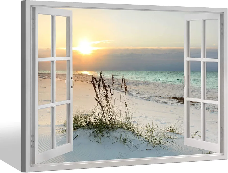 Beach Window Art Wall Decor: 30x45 Inch Ocean Artwork Coastal Picture Seascape Painting Print for Living Room