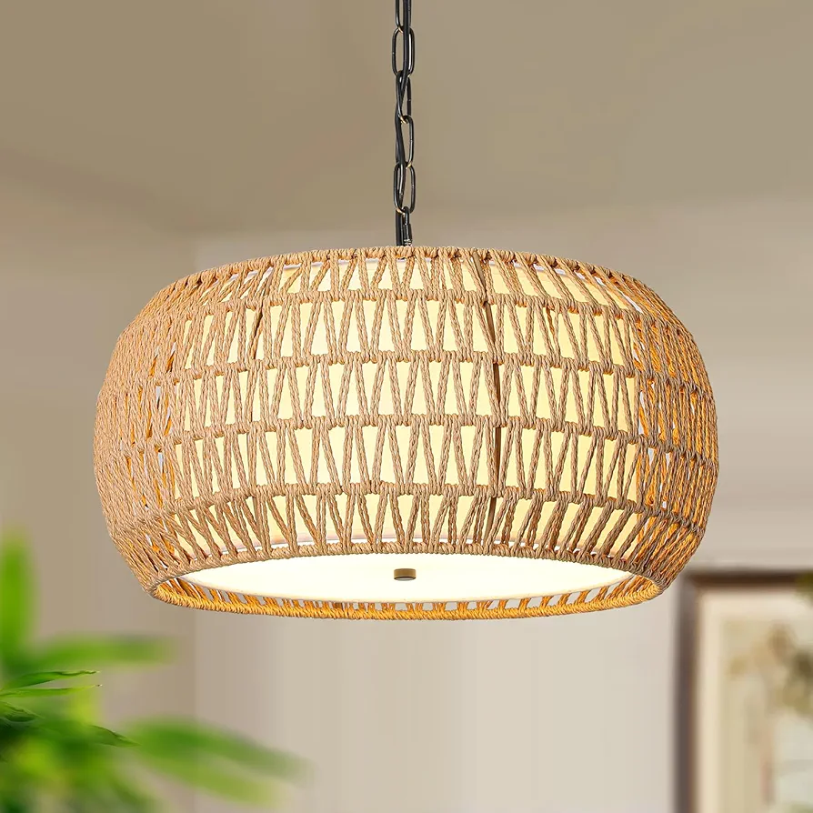 Farmhouse Chandelier Lighting, 5 Lights Rattan Chandelier for Dining Room Ceiling, Rustic Chandeliers for Kitchen Island,Boho Hand Woven Pendant Light Fixtures.