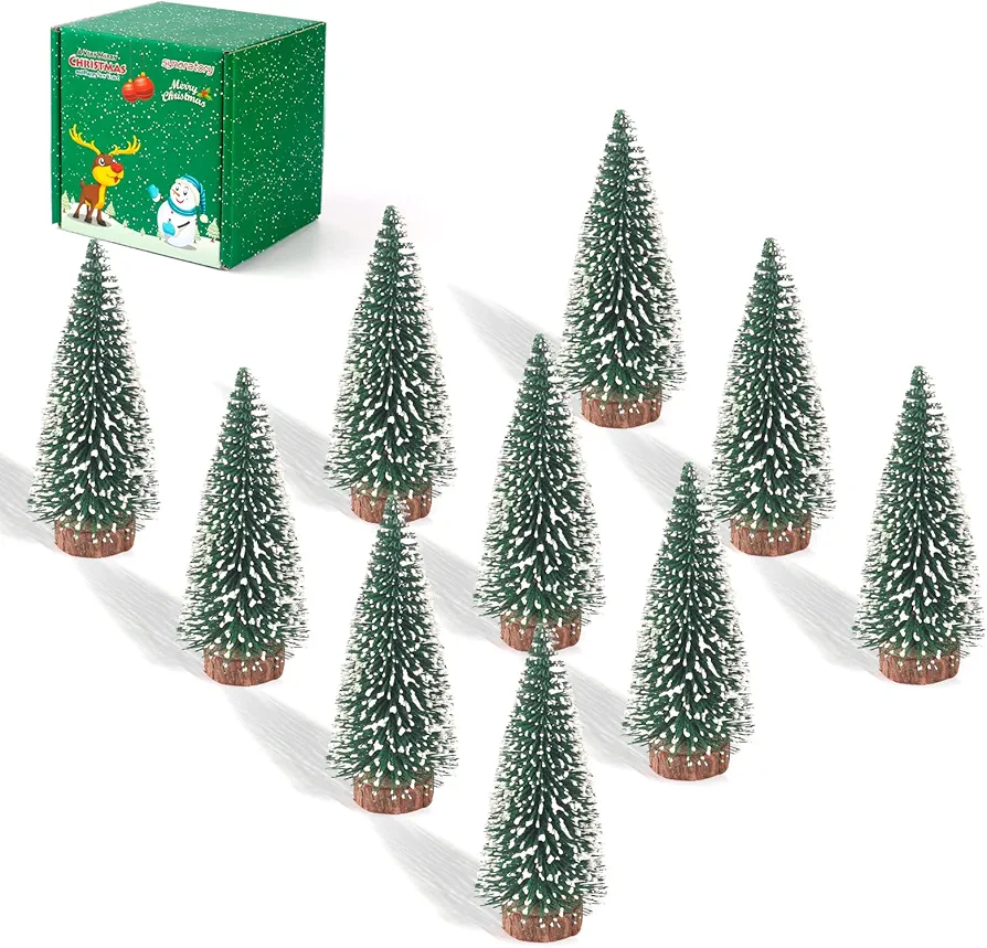 10PCS 4inch Mini Snow Frost Trees Mini Christmas Tree Plastic Winter Snow Ornaments Tabletop Trees for Holiday Party DIY Room Decor Home Table Top Christmas Decoration (Green)