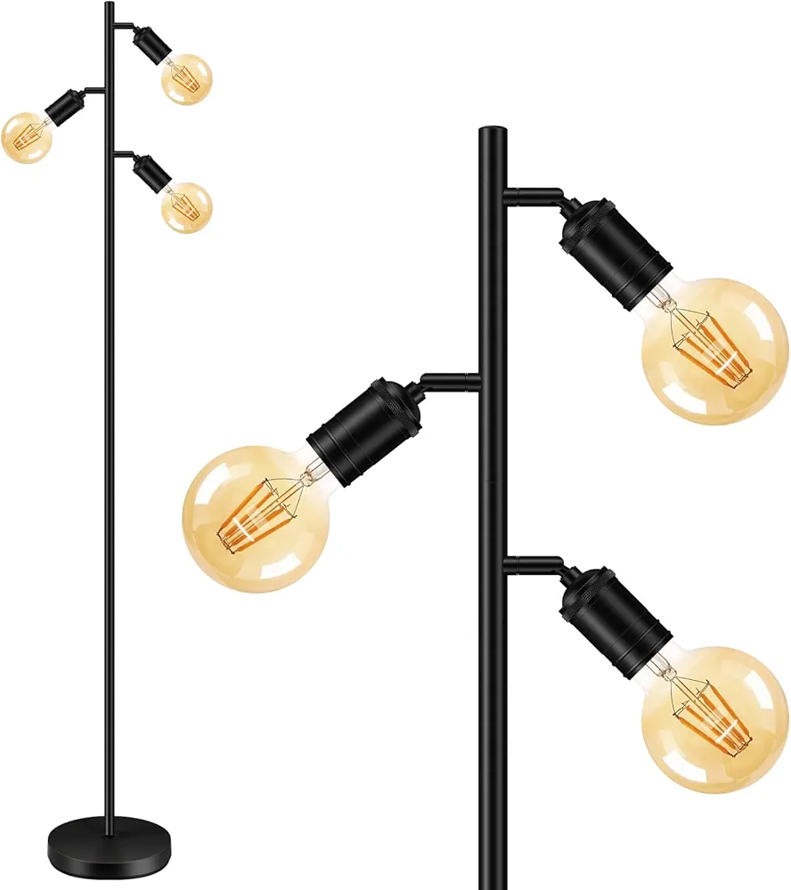 BoostArea Floor Lamp, Industrial Floor Lamp, Modern Tree Standing Lamp with Adjustable 3 Light, E26 Socket, Foot Switch, Minimalist Metal Stand Up Lamp Pole Lamps for Living Room, Bedroom (No Bulbs)