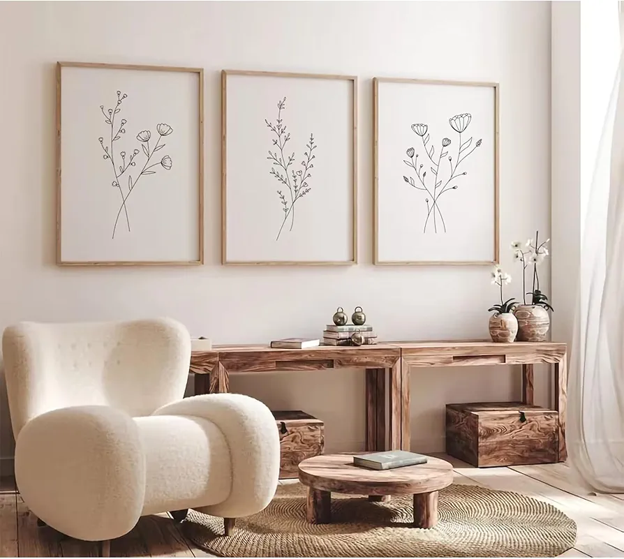 Flower Line Wall Art Set of 3 Botanical Canvas Wall Decor Floral Minimalist Wall Art Abstract Plant Pictures Flower Line Prints Black White Floral Artwork for Room Bedroom 16x24 Inch Unframed